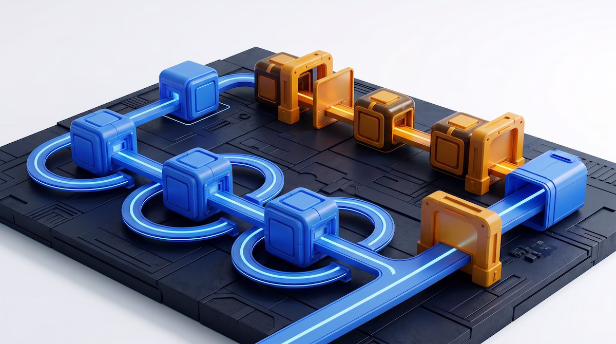 Abstract 3D modular blocks representing Microsoft exam question formats in blue and slate