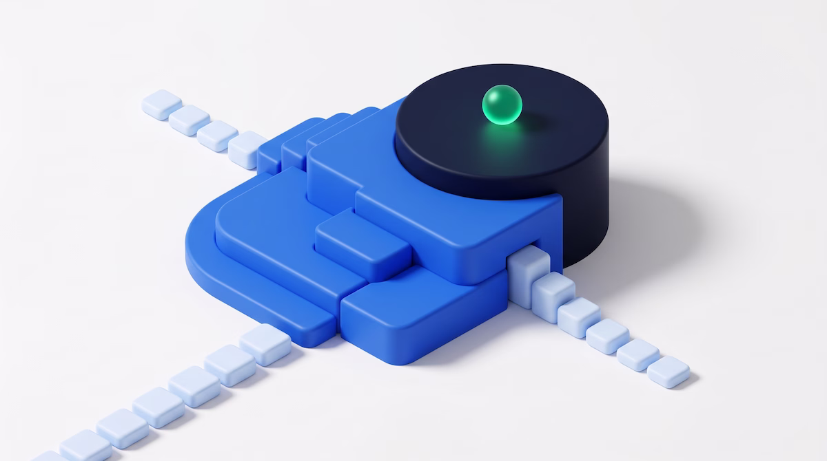 Isometric 3D blue geometric steps leading to a dark navy platform with a green accent sphere