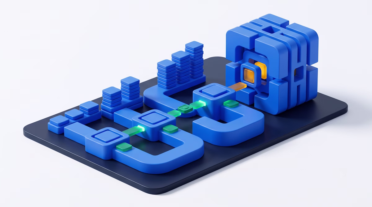 Abstract 3D render of stacked blue learning modules on a slate base showing a four-week study path