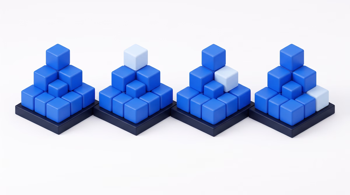 Four identical blue block towers on navy podiums, each with one block swapped to light blue