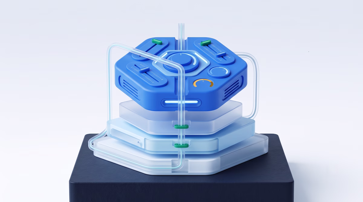 Abstract 3D blue measurement instrument above layered evaluation tiers on a slate base platform